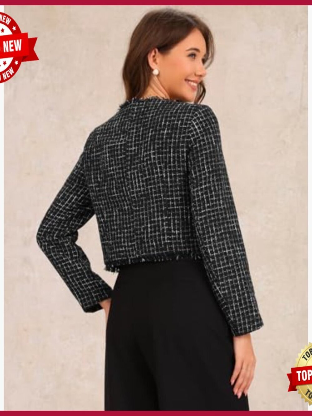 Cropped Plaid Tweed Jacket, Button Up, Long Sleeve, Work Casual - Picture 3 of 5